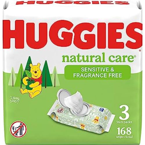 Sensitive Baby Wipes, Huggies Natural Care Baby Diaper Wipes, Unscented, Hypoallergenic, 99% Purified Water, 3 Flip-Top Packs (168 Wipes Total)