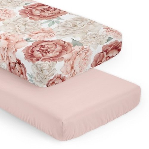 Sweet Jojo Designs Girl Fitted Crib Sheets Set Peony Floral Garden Pink Ivory and Green 2pc