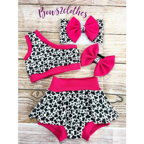 Pink Dalmatian / Pink Puppy Baby Girl Outfit/ One Shoulder Crop Top/ Skirted Bummie and Headwrap or Bow On Nylon