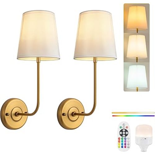 PASSICA DECOR Rechargeable Wall Sconces Set of 2, Battery Operated Wall Sconce Set of Two,Wireless Wall Lights with Dimmable LED Bulbs, 15 Colors and Remote Control, Bedroom, Living Room