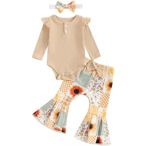 fhutpw Newborn Baby Girl Clothes Rib Frill Long Sleeve Romper Daisy Flared Pants Headband Set 3pcs Fall Winter Outfits 6-9M