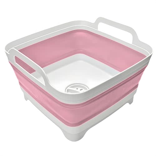 Collapsible Wash Basin 9L, Foldable Dish Tub with Drain Plug, Portable Collapsible Dish Basin, Camping Sink for Washing Dishes, Laundry & Kitchen Use (Pink)