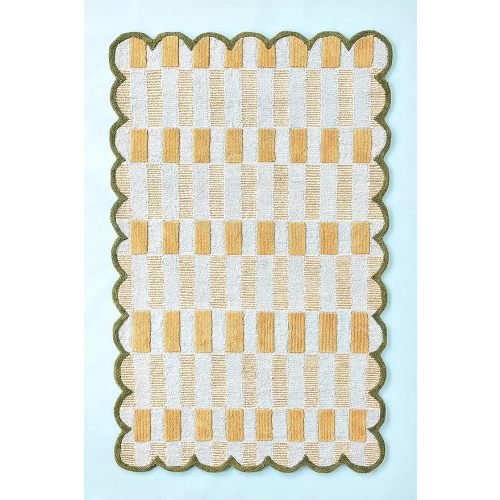 Hand-Tufted Wool Rug with Scalloped Edges, Light Blue Plaid Pattern, Cozy Soft Area Rug for Living Room, Bedroom, and Nursery, Handmade Modern Accent Rug, 6x9 Ft