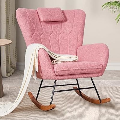VECELO Rocking Chair Nursery with Thick Headrest, Modern Teddy Upholstered Reading Glider Rocker Accent Armchair with High Backrest, Padded Seat, Side Pocket, for LivingRoom, Bedroom, Baby Room, Pink