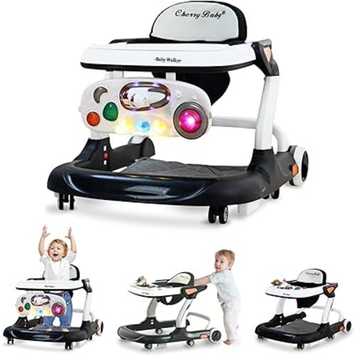 Baby Walker with Wheels,Music and Lights Baby Walker with 9 Adjustable Heights,Baby Walkers and Activity Center with Foot Pads,Anti-Fall Baby Walker and Bouncer Combo for Boys Girls Babies 6-18 Months