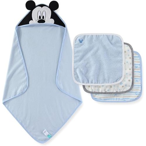 Disney Baby Boys Mickey Mouse Hooded Bath Towel with 3 Washcloths Set for Newborn and Infants