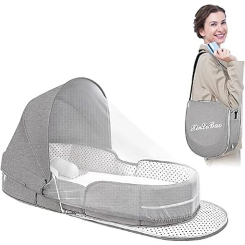 Portable Baby Travel Bassinet, Foldable Baby Travel Crib, Lightweight Bed Bassinet Co Sleeper for Baby in Bed, Washable Infant Lounger with 2-in-1 Mosquito and Canopy (Grey)