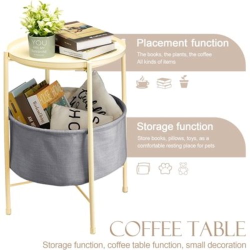 End Tables with Fabric Storage Basket, Small Round Side Table with Removable Tray, Metal Frame Sofa Side Snack Table Bedside Table Nightstand for Bedroom, Living Room, Nursery, Laundry