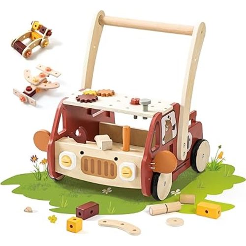 OESSUF 2-in-1 Wooden Baby Walker with 40 PCS Tool Toys – Baby Push Walker for 6-12 Months, Activity Center for Toddlers Aged 1-3 Years, Montessori Toy for Boys and Girls (Red)