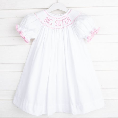 Big Sister Smocked Bishop Dress White with Pink