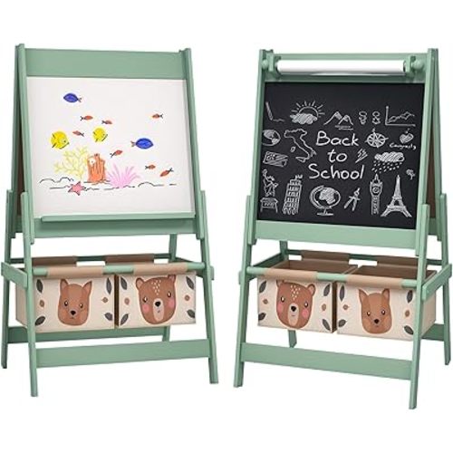 Qaba Art Easel for Kids with Paper Roll, 3 in 1 Toddler Painting Easel with Blackboard, Whiteboard, Storage Baskets, Green