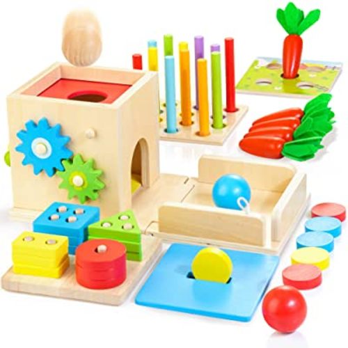 Kizfarm Wooden Montessori Baby Toys, 8-in-1 Wooden Play Kit Includes Object Permanent Box, Coin Box, Carrot Harvest, Shape Sorting & Stacking - Christmas Birthday Gift for Boys Girls Toddlers