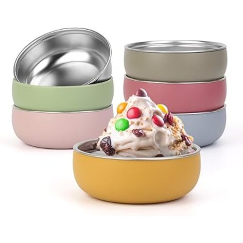 ShineMe Stainless Steel Bowls, 6 pack Snack Containers with Removable Colorful Silicone Sleeves, Unbreakable Kids Bowls for Icecream, Soup, Cereal, Yogurt...