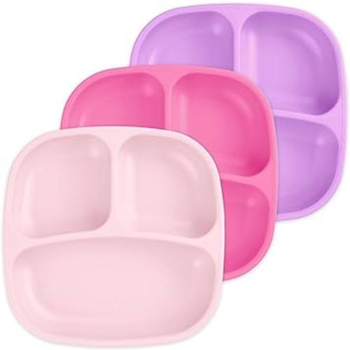 Re-Play Made in USA 7" Deep Walled Divided Plates for Kids, Set of 3 - Reusable 3 Compartment Plates, Dishwasher and Microwave Safe - 7.37" x 7.37" x 1.25", Princess