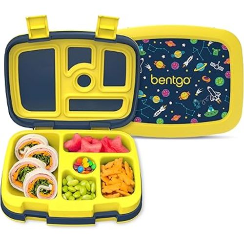 Bentgo Kids Prints Leak-Proof, 5-Compartment Bento-Style Kids Lunch Box - Ideal Portion Sizes for Ages 3-7, Durable, Drop-Proof, Dishwasher Safe, & Made with BPA-Free Materials (Space)