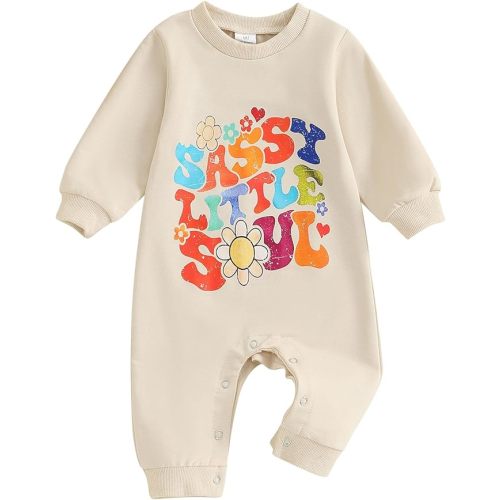 BOIBOKOKO Newborn Baby Girl Boy Clothes Sassy Little Soul Long Sleeve Romper Jumpsuit Cute Fall Winter Outfit - 0-3 Months - Beige-cc