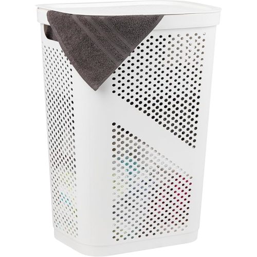 Mind Reader 60L Slim Laundry Hamper, Clothes Basket, Lid, Ventilated, Plastic, 17.25"L x 13.75"W x 23.5"H, White
