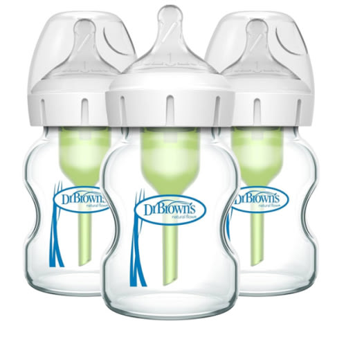 Dr. Brown's Natural Flow Anti-Colic Options+ Wide-Neck Glass Baby Bottles 5 oz/150 mL, with Level 1 Slow Flow Nipple, 3 Pack, 0m+