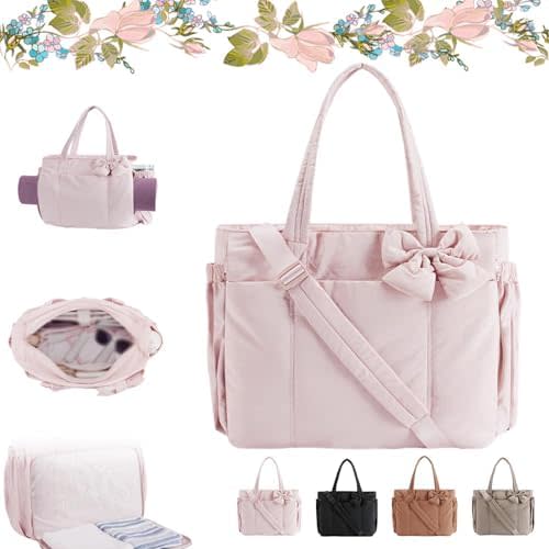 Crush Bow Tote Bag for Women, Lightweight Puffy Quilted Bow Handbag Shoulder Bag with Compartments for Daily, Work,Travel