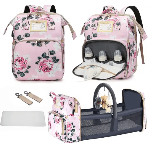 Diaper Bag Backpack with Changing Station, Foldable for Bady Toddler, 3 in 1 Large Capacity Newborn Essentials Organizer with Stroller Hook for Girls and Boys（Pink）