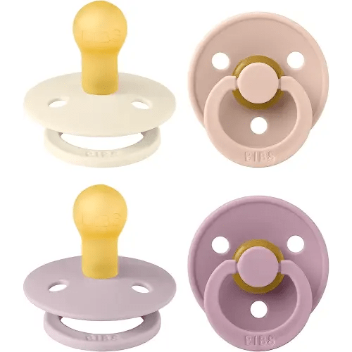 BIBS Pacifiers - Colour 4 Pack | Round Nipple Baby Pacifier | BPA Free Natural Rubber Latex Soother | Made in Denmark | Size 0-6 Months | Girl Colors