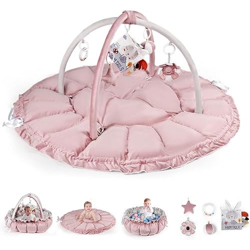 Baby Play Gym Mat, 50" x 50" Large 6-in-1 Cozy Tummy-Time Playmat with 5 Toys, Sensory Motor Skill Development Gift, Machine Washable Activity Padded Floor Mat for Newborn (Pink)