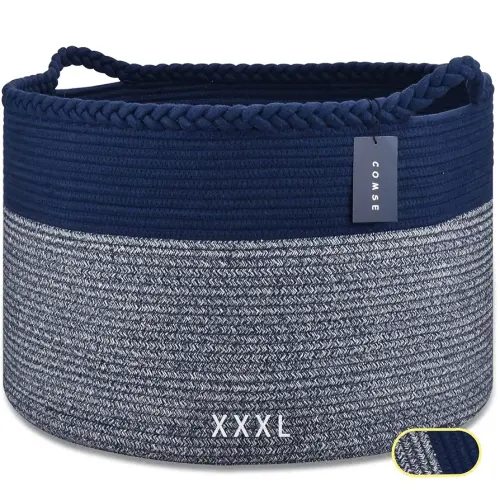COMSE Extra Large Blanket Basket, Woven Laundry Basket, 21.7”x 13.8”, Nursery Hamper, Cotton Rope Laundry Hamper Living Room for Storage Toys Clothes Towels (Navy Blue)