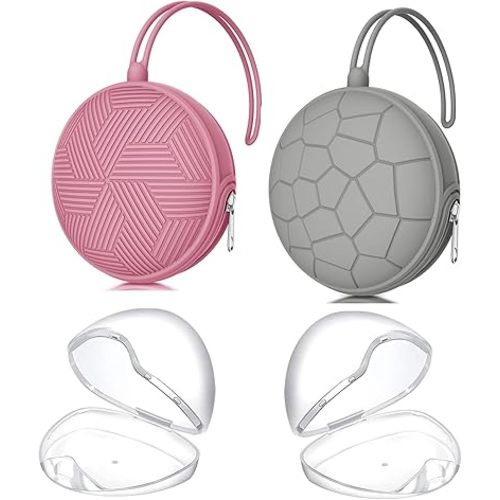 4 Pack Holder Case Set, 2 Silicone Portable Pacifier Cover Pouch Bag for Diaper Bags Baby Carriage With 4 Transparent Storage Container Box, Easy to Clean, Power Rose+Grey