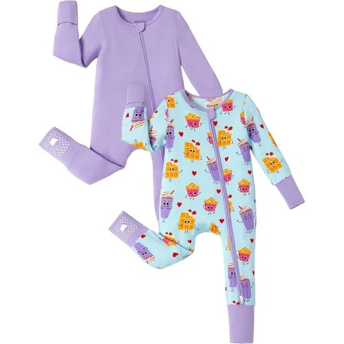 PATPAT Baby Footie Romper, Viscose from Bamboo, Long Sleeve, 2-Way Zipper, Fold-Over Mittens, Cuffs & Anti-Slip Grips