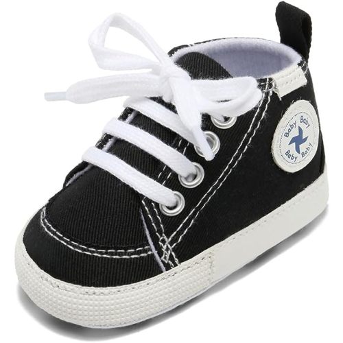 Baby Girls Boys Shoes Soft Anti-Slip Sole Newborn First Walkers Star High Top Canvas Denim Unisex Infant Sneaker - 0-6 Months Infant - A01-black