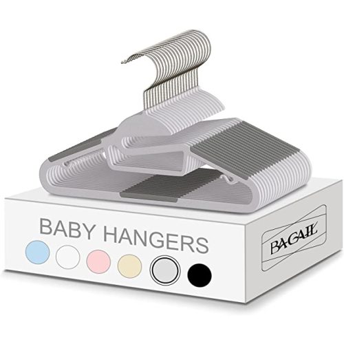 BAGAIL Kids Plastic Hangers S-Slide 50 Pack 12.6" Non-Slip Hangers 360° Swivel Hook Protect Collar Space Saving for Children Infant/Toddler Pants Coat-Grey - Gray