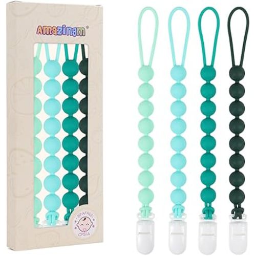 One Piece Design Silicone Pacifier Clip Holder for Baby Boys and Girls,Flexible Pacifier Leashes,Soft Teether Clip for Newborns,4-Pack. (Green)