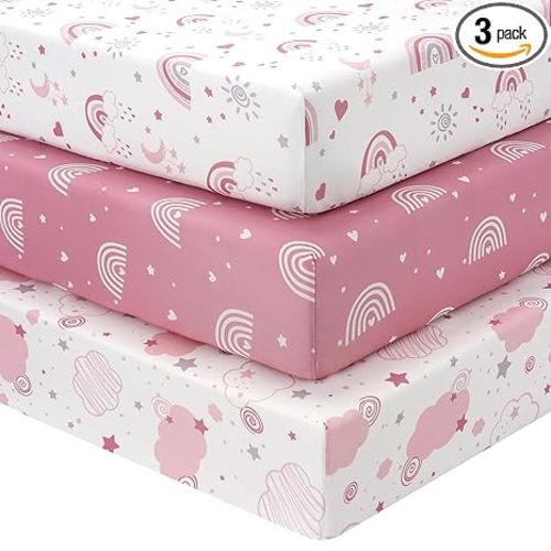 Baby Crib Sheets Girl, 3 Pack Toddler Bed Sheets Fitted for 52”x28” Standard Crib and Toddler Mattresses, Super Soft Microfiber Pink Rainbow