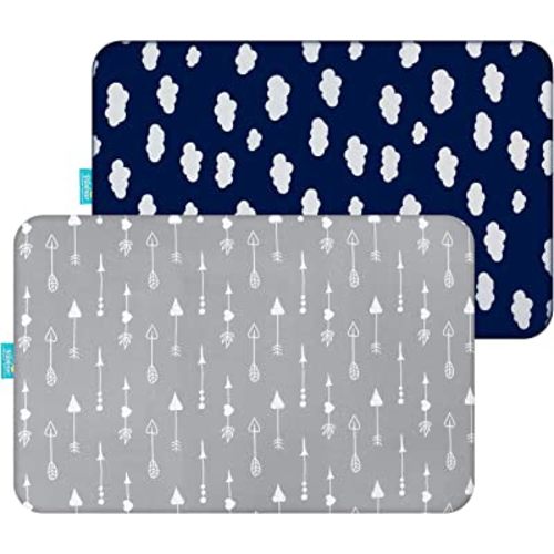 Biloban Pack and Play Sheet Fitted (39 x 27in), 2 Pack Ultra Soft Pack and Play Fitted Sheets, Playard Sheet for Boys or Girls, Machine Washable, Microfiber, Gray Arrow and Navy Blue