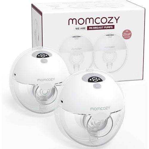 Momcozy Breast Pump Hands Free M5, Wearable Breast Pump of Baby Mouth Double-Sealed Flange with 3 Modes & 9 Levels, Electric Breast Pump Portable - 24mm, 2 Pack Quill Gray