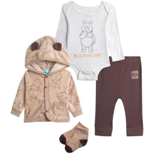 Disney Baby Boys and Girls Take Me Home Set - 4 Piece Unisex Infant Bodysuit, Hooded Jacket, Pants, and Socks (Sizes: 0-9M)