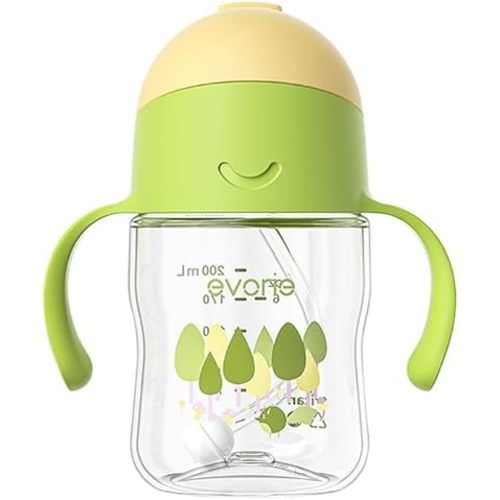 Evorie Tritan Weighted Straw Sippy Cup with Handles for Baby and Toddlers 6 months up, 7 Oz Soft Silicone Straw Infant First Training Water Bottle