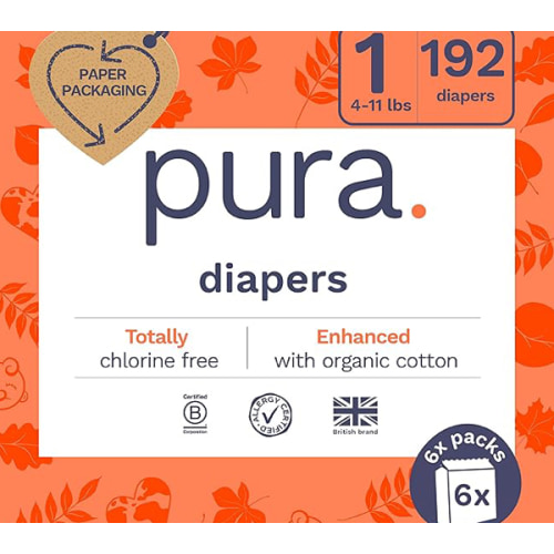 Amazon.com: Pura Size 1 Eco-Friendly Diapers (4-11lbs) Hypoallergenic, Soft Organic Cotton Comfort, Sustainable, Wetness Indicator, Allergy UK, Newborn, Bulk Buy, 6 Packs of 32 (192 Baby Diapers) : Baby