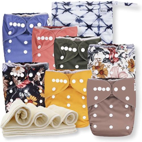 Nora's Nursery Cloth Diapers 7 Pack with 7 Inserts & 1 Wet Bag - Waterproof Cover, Washable, Reusable & One Size Adjustable Pocket Diapers for Newborns and Toddlers - Harlow