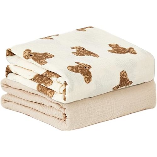 Insular Muslin Swaddle Blankets, 2 Pack Receiving Baby Blanket (Teddy Bear & Khaki)