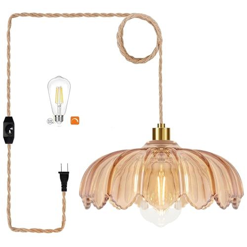 Plug in Pendant Light Hanging Lights with Plug in Cord Mid Century Modern Gold Hanging Lamp Glass Vintage Dimmable Flower Chandelier Ceiling Fixture for Living Room,Kitchen,Boho