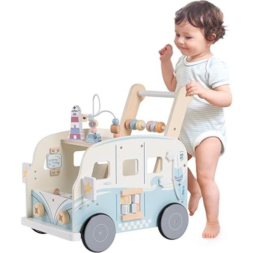 ROBOTIME Wooden Baby Walker, Baby Push Walker, Baby Activity Center Toys, Ajustable Speed Multi-Functional Baby Walker with Wheels for Boys and Girls(Vacaction Bus)