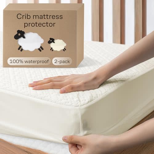 Crib 2 Pack 100% Waterproof Mattress Protector, Soft Breathable Crib Mattress Protector with Deep Pocket, Crib Mattress Pad for Toddler and Baby (52x28, White, Beige) - Viscose Made from Bamboo