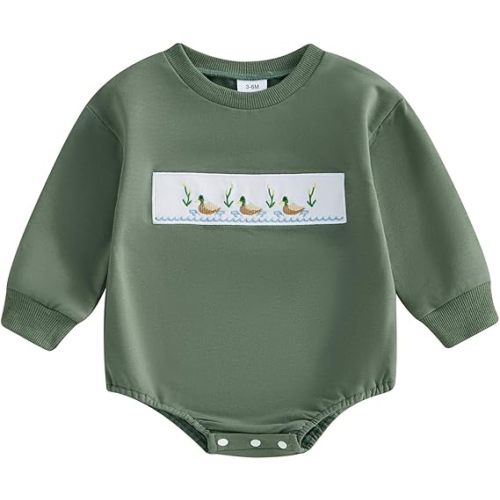 Baby Boy Hunting Outfit Duck Embroidery Baby Romper Long Sleeve Crew Neck Bodysuit Newborn Infant Fall Clothes
