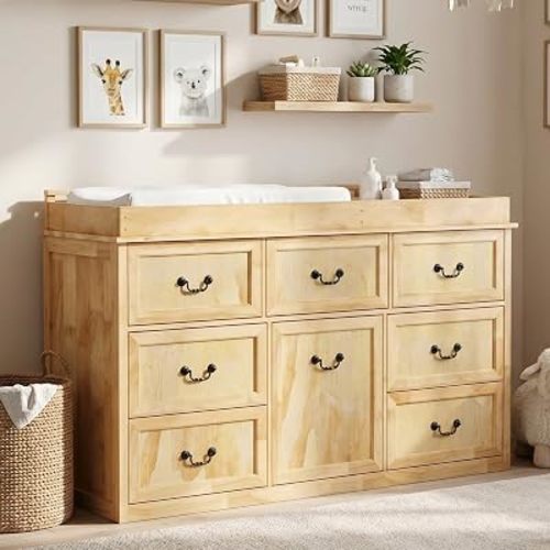 58.7" Solid Wood Changing Table Dresser, Modern Baby Diaper Changing Table Station with 7 Drawers & Storage Cabinet, Baby Dresser with Removable Safety Guardrail for Nursery, Natural