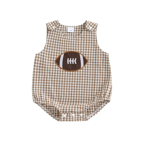 Newborn Baby Boy Football Outfit Rugby Embroidery Sleeveless Bubble Romper Seersucker Stripe Bodysuit Summer Clothes