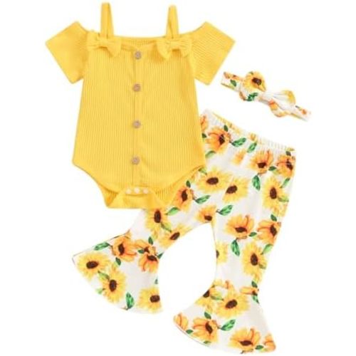 fhutpw Newborn Baby Girl Clothes Infant Rib Frill Long Sleeve Romper Flared Pants Headband Set 3pcs Fall Winter Outfits