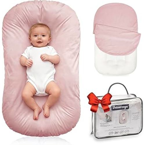 Baby Lounger for Newborn - Snuggle Cozy Me Lounger | Breathable Soft Cotton, 0-24 Months Portable Playtime Baby Nest, Newborn Baby Essentials Gifts- Pink (1 Lounger + 1 Cover)
