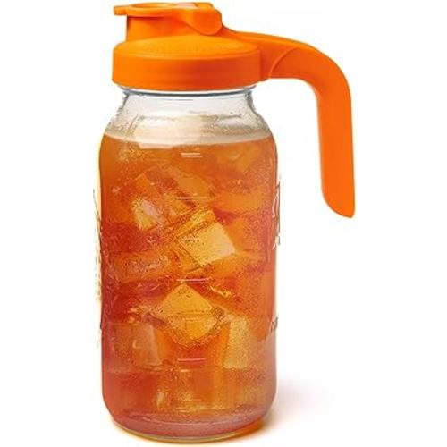County Line Kitchen Glass Mason Jar Pitcher w/Lid - Wide Mouth, 2 Quart (64 oz) - Heavy Duty, Leak Proof, Sun & Iced Tea Dispenser, Cold Brew Coffee, Breast Milk Storage, Water & More, Sunrise Orange