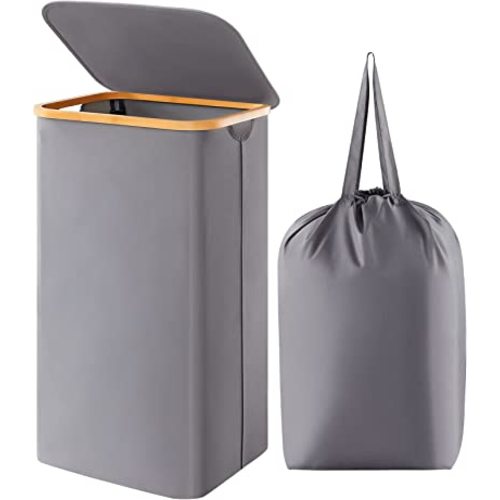 Lifewit 100L Laundry Basket with Lid, Clothes Hampers for Laundry with Bamboo Handles and A Removable Laundry Bag, Large Foldable Laundry Hamper for Bedroom, Bathroom, Dorm, Laundry Room, Gray